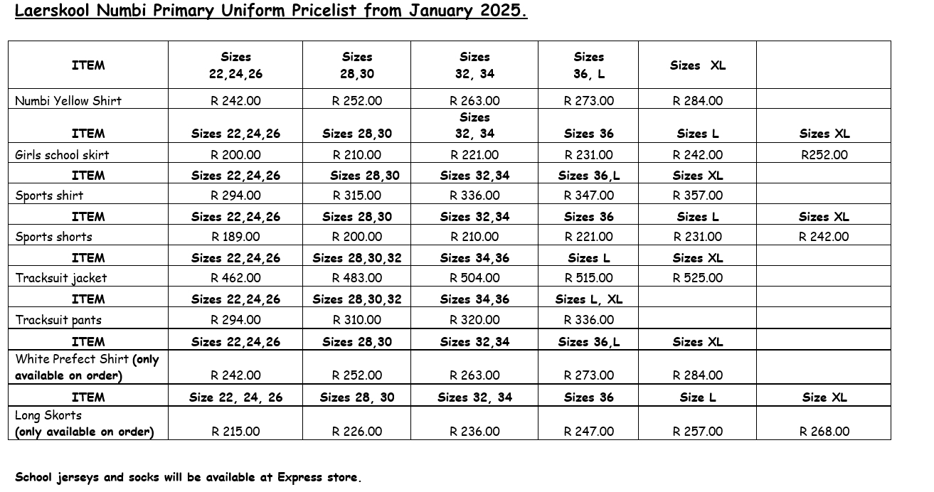 school uniform pricelist